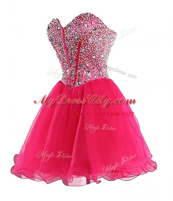 Hot Pink Organza Lace Up Sweetheart Sleeveless Mini Length Prom Dress Beading