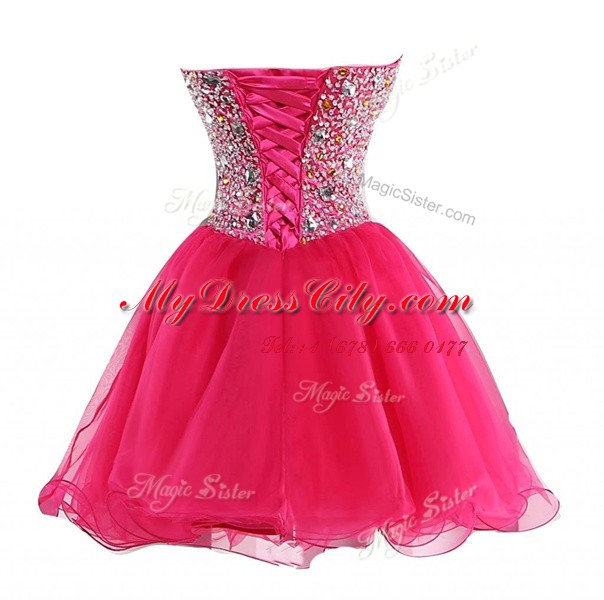 Hot Pink Organza Lace Up Sweetheart Sleeveless Mini Length Prom Dress Beading