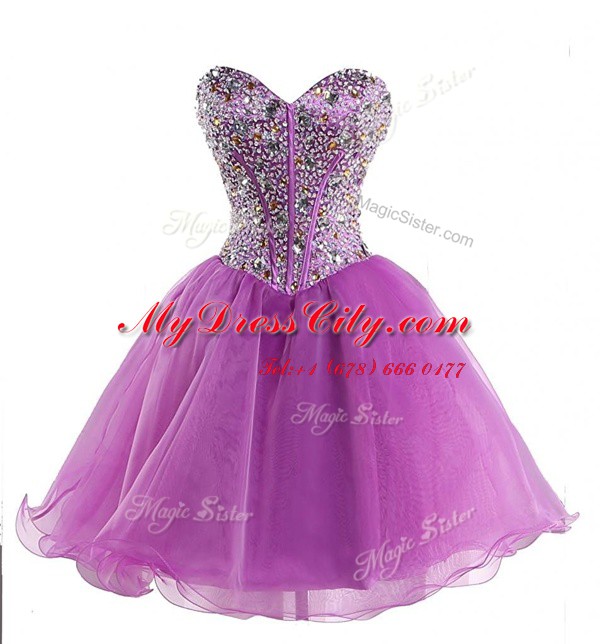 Popular Lilac Ball Gowns Sweetheart Sleeveless Organza Mini Length Lace Up Beading Prom Dress