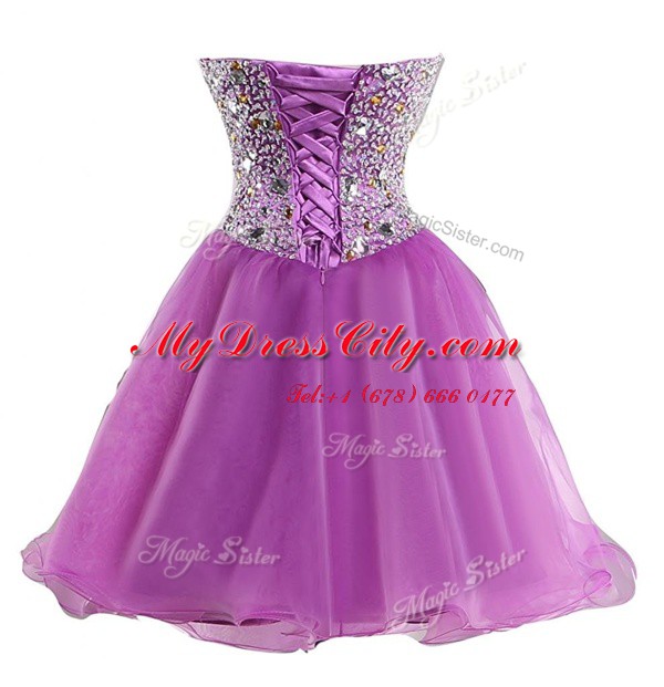 Popular Lilac Ball Gowns Sweetheart Sleeveless Organza Mini Length Lace Up Beading Prom Dress