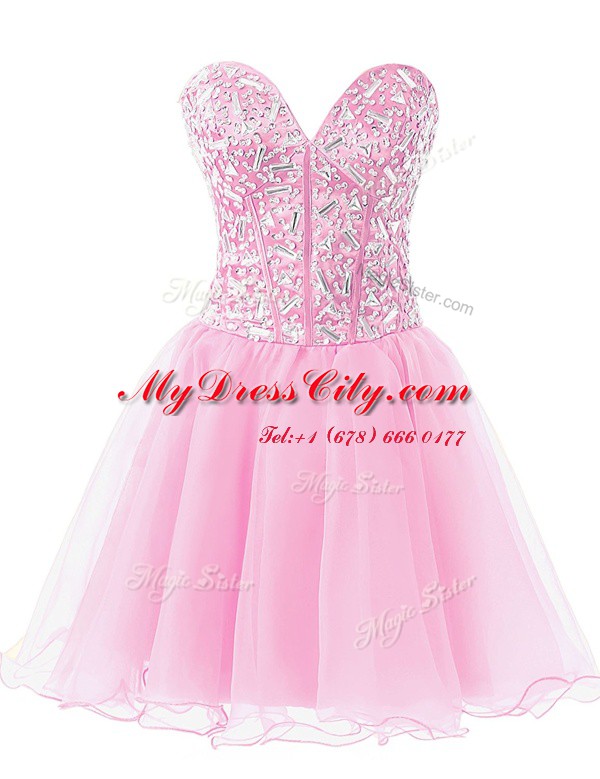 Glorious Rose Pink Lace Up Sweetheart Beading Dress for Prom Chiffon Sleeveless