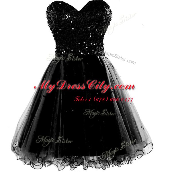 Black Sleeveless Beading and Ruching Knee Length Prom Dress