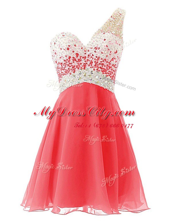 Pretty Watermelon Red A-line One Shoulder Sleeveless Chiffon Knee Length Criss Cross Beading Prom Party Dress