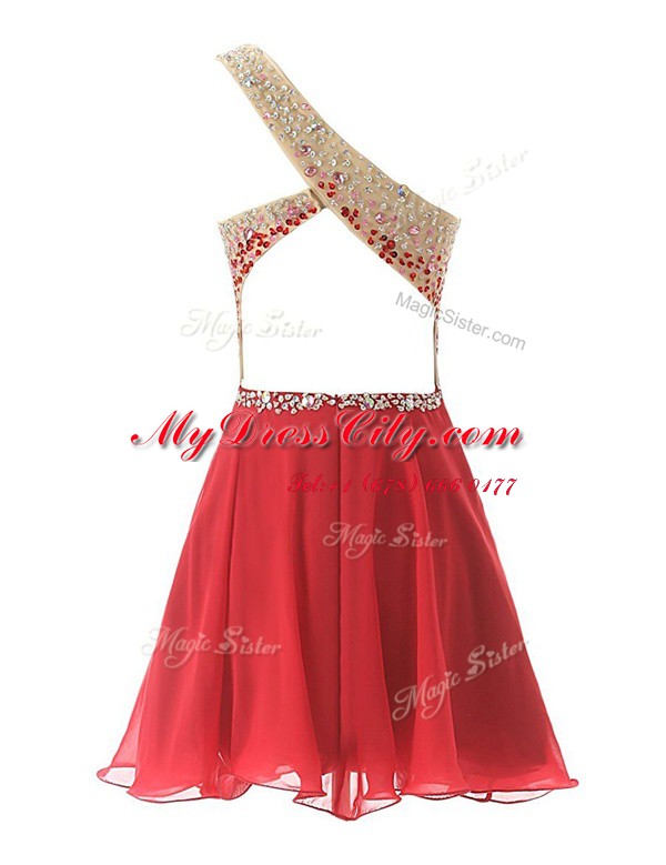 Pretty Watermelon Red A-line One Shoulder Sleeveless Chiffon Knee Length Criss Cross Beading Prom Party Dress