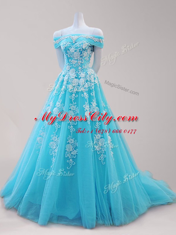 Inexpensive Aqua Blue A-line Tulle Off The Shoulder Cap Sleeves Beading and Appliques Lace Up Prom Party Dress