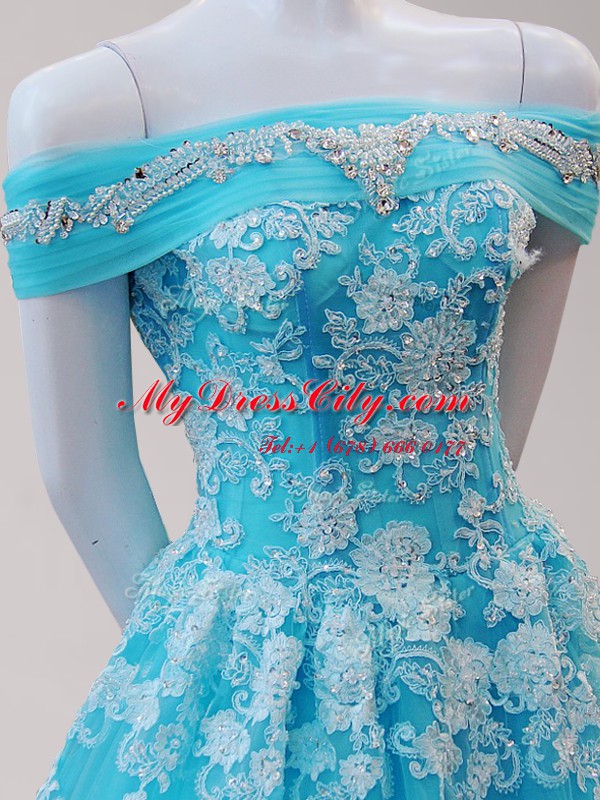 Inexpensive Aqua Blue A-line Tulle Off The Shoulder Cap Sleeves Beading and Appliques Lace Up Prom Party Dress