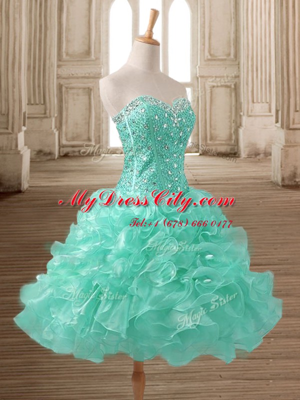 Excellent Apple Green A-line Beading and Ruffles Homecoming Dress Lace Up Organza Sleeveless Tea Length