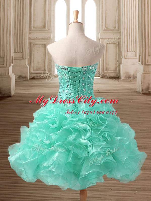 Excellent Apple Green A-line Beading and Ruffles Homecoming Dress Lace Up Organza Sleeveless Tea Length