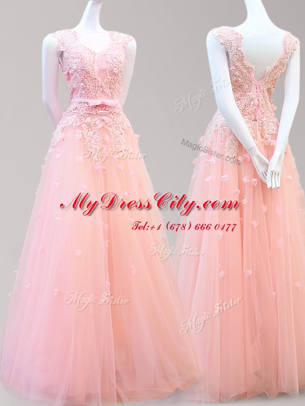 Affordable Baby Pink Tulle Lace Up Bateau Sleeveless Floor Length Prom Dress Appliques and Bowknot