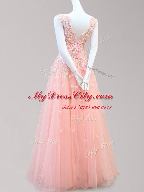 Affordable Baby Pink Tulle Lace Up Bateau Sleeveless Floor Length Prom Dress Appliques and Bowknot