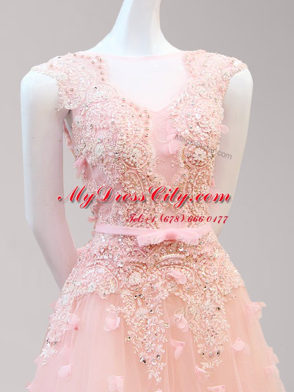 Affordable Baby Pink Tulle Lace Up Bateau Sleeveless Floor Length Prom Dress Appliques and Bowknot