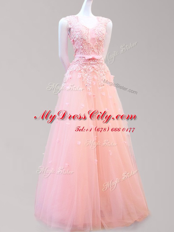 Affordable Baby Pink Tulle Lace Up Bateau Sleeveless Floor Length Prom Dress Appliques and Bowknot