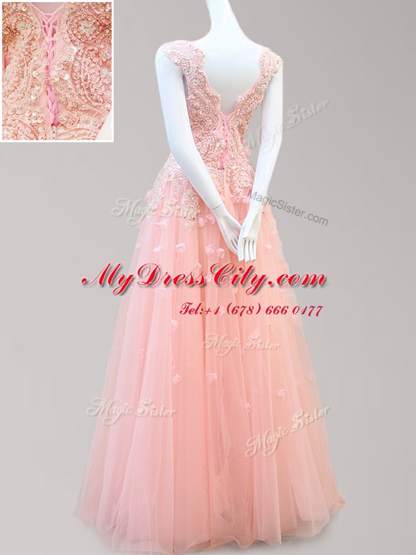 Affordable Baby Pink Tulle Lace Up Bateau Sleeveless Floor Length Prom Dress Appliques and Bowknot