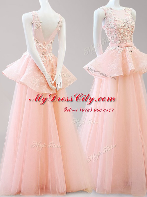 Suitable Scoop Peach Tulle Backless Custom Made Pageant Dress Sleeveless Floor Length Appliques and Belt