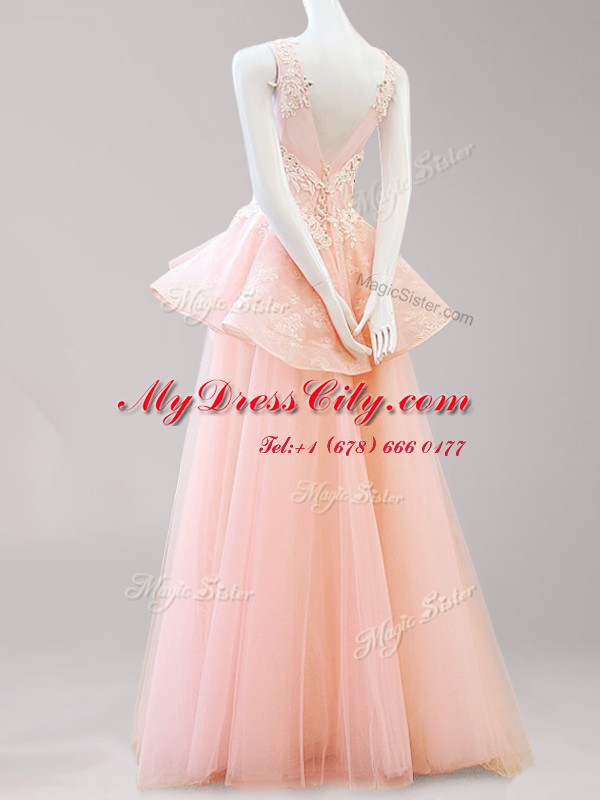 Suitable Scoop Peach Tulle Backless Custom Made Pageant Dress Sleeveless Floor Length Appliques and Belt