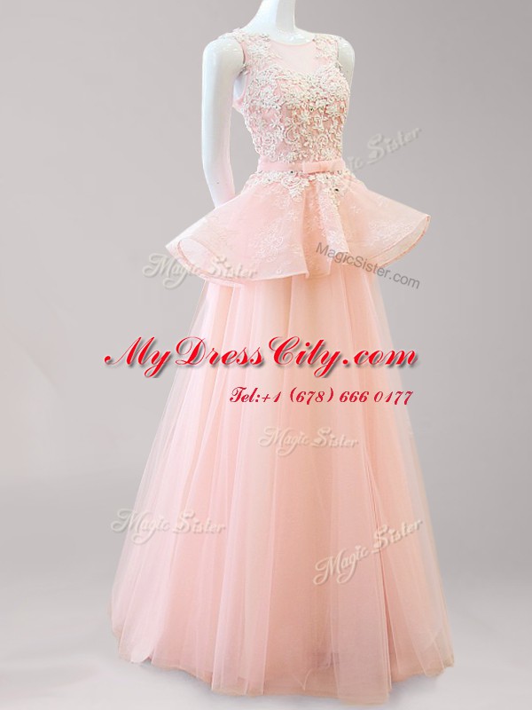 Suitable Scoop Peach Tulle Backless Custom Made Pageant Dress Sleeveless Floor Length Appliques and Belt