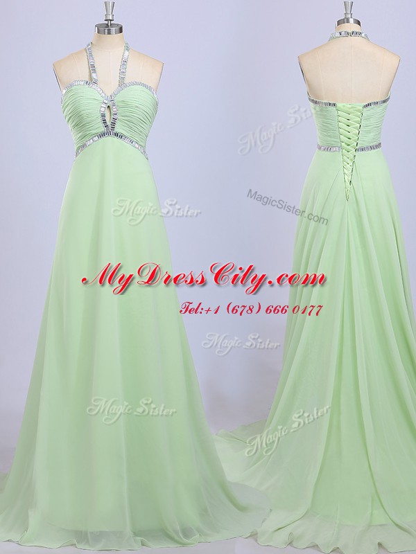 Halter Top Sleeveless Court Train Zipper Beading Homecoming Dress