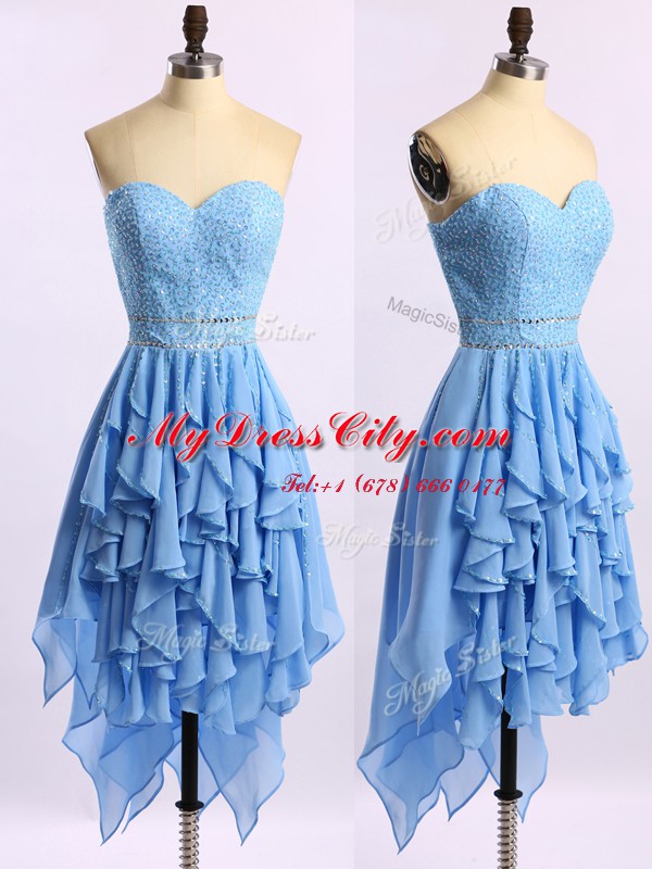 Asymmetrical Zipper Evening Dress Blue for Prom and Party with Beading and Ruffles