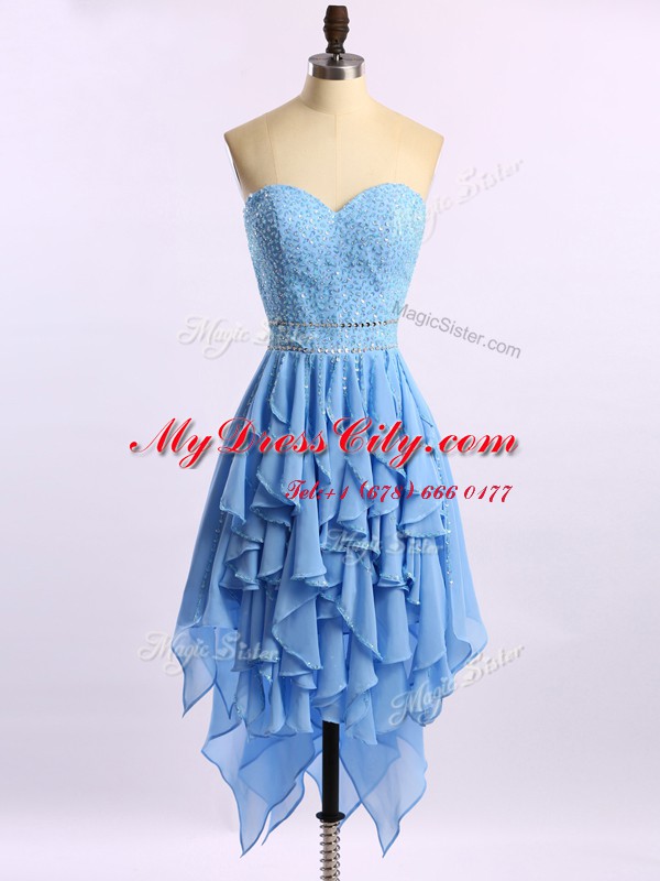 Asymmetrical Zipper Evening Dress Blue for Prom and Party with Beading and Ruffles