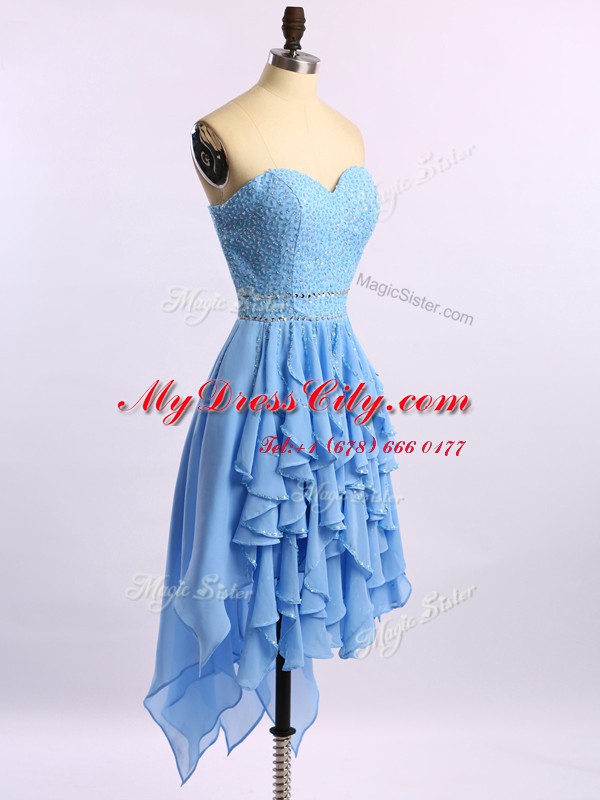 Asymmetrical Zipper Evening Dress Blue for Prom and Party with Beading and Ruffles