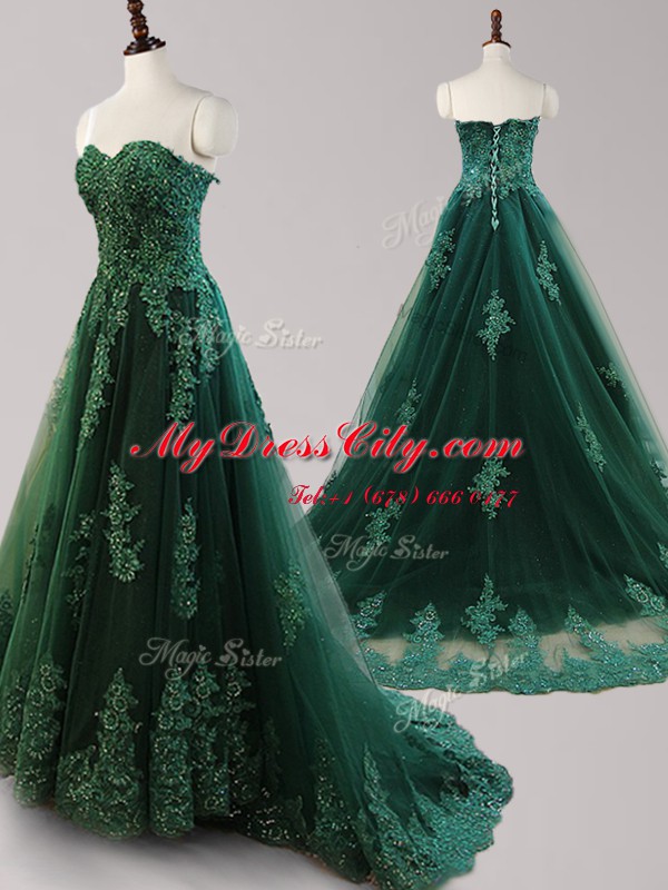 Captivating Dark Green A-line Tulle Sweetheart Sleeveless Beading and Appliques Lace Up Prom Gown Brush Train