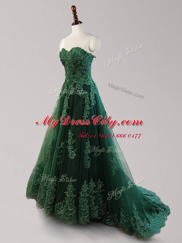 Captivating Dark Green A-line Tulle Sweetheart Sleeveless Beading and Appliques Lace Up Prom Gown Brush Train