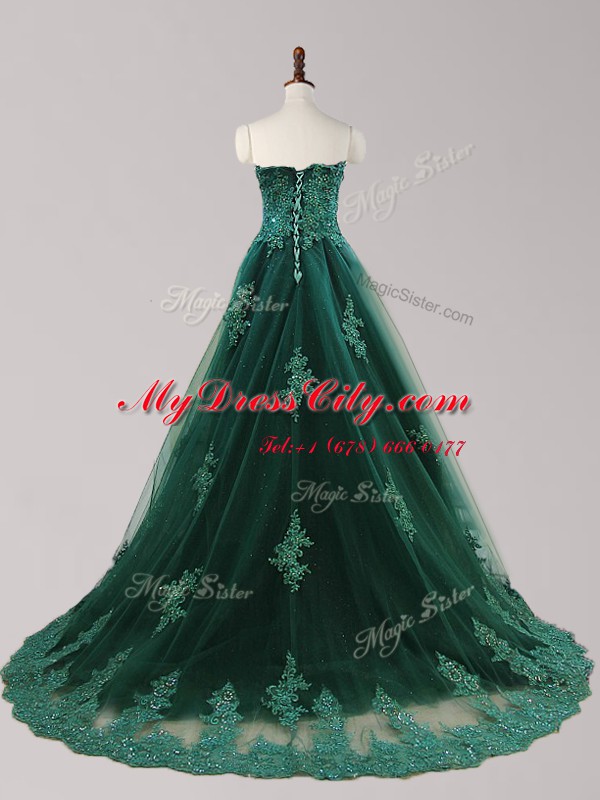 Captivating Dark Green A-line Tulle Sweetheart Sleeveless Beading and Appliques Lace Up Prom Gown Brush Train