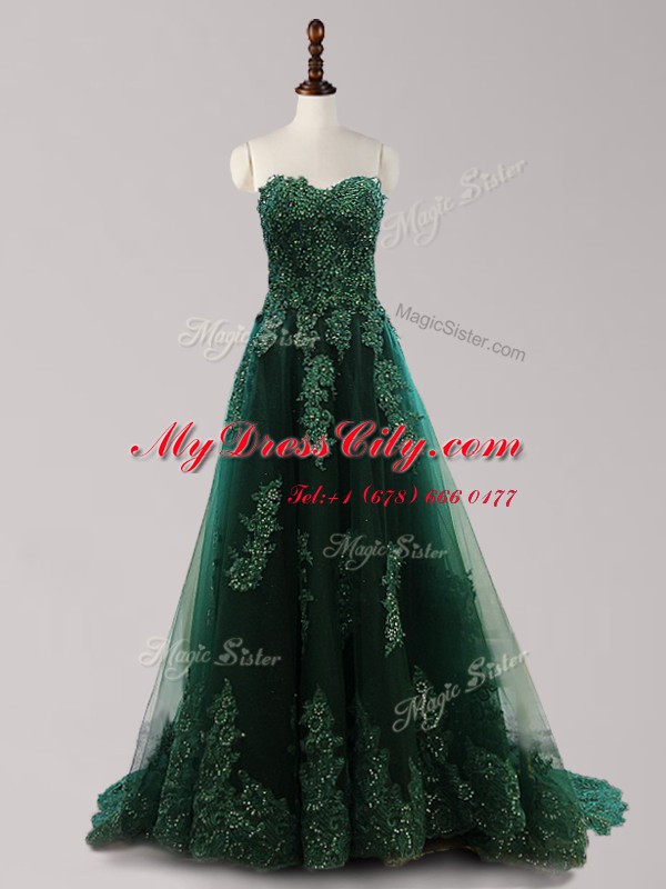 Captivating Dark Green A-line Tulle Sweetheart Sleeveless Beading and Appliques Lace Up Prom Gown Brush Train