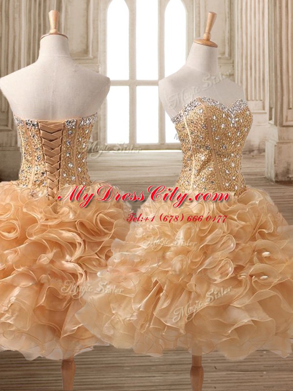 Organza Sweetheart Sleeveless Lace Up Beading and Ruffles Juniors Party Dress in Gold