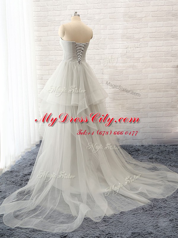 A-line Sleeveless Grey Evening Dress Court Train Lace Up