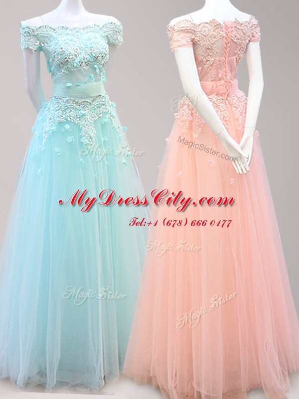 Off the Shoulder Floor Length Light Blue and Peach Evening Dress Tulle Cap Sleeves Beading and Appliques