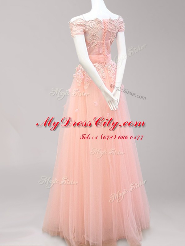 Off the Shoulder Floor Length Light Blue and Peach Evening Dress Tulle Cap Sleeves Beading and Appliques