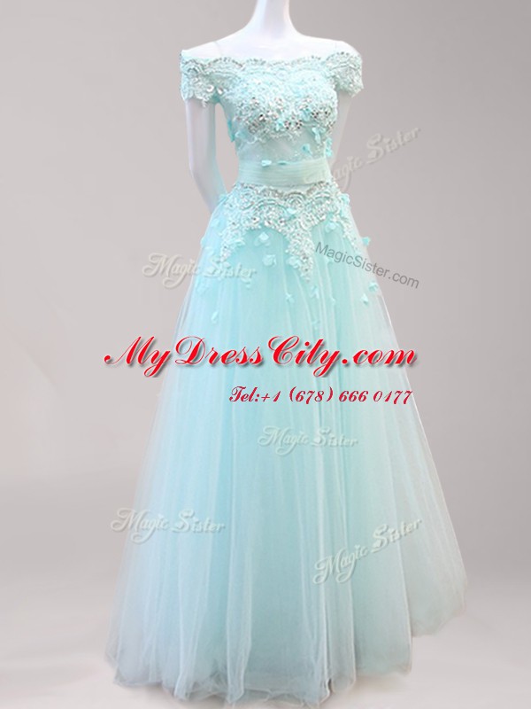 Off the Shoulder Floor Length Light Blue and Peach Evening Dress Tulle Cap Sleeves Beading and Appliques