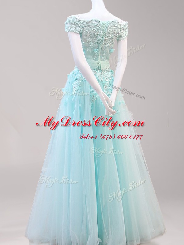 Off the Shoulder Floor Length Light Blue and Peach Evening Dress Tulle Cap Sleeves Beading and Appliques