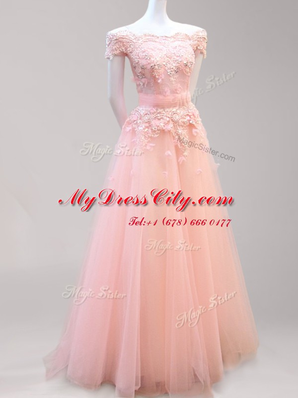 Off the Shoulder Floor Length Light Blue and Peach Evening Dress Tulle Cap Sleeves Beading and Appliques