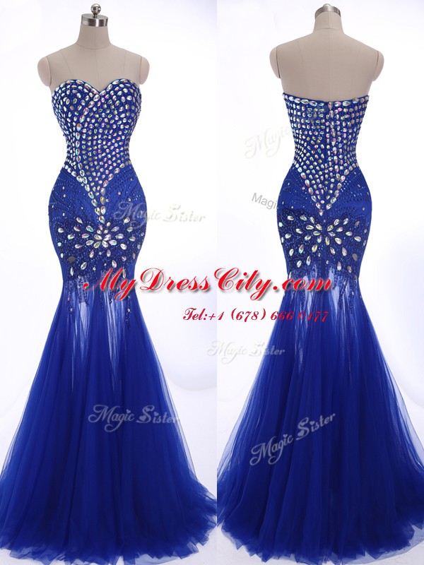 Mermaid Sleeveless Beading Zipper Evening Dress with Royal Blue Brush Train