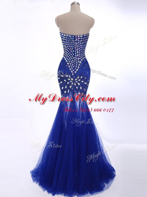 Mermaid Sleeveless Beading Zipper Evening Dress with Royal Blue Brush Train