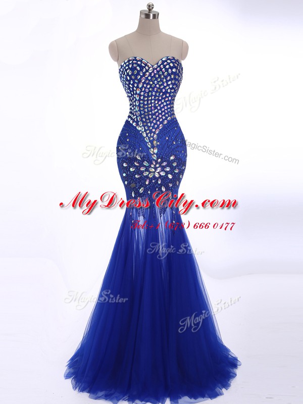 Mermaid Sleeveless Beading Zipper Evening Dress with Royal Blue Brush Train