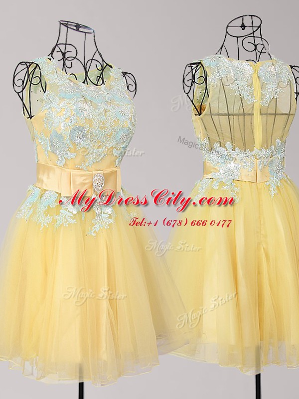 Yellow Prom Evening Gown Prom and Party and For with Appliques and Bowknot Scoop Sleeveless Zipper