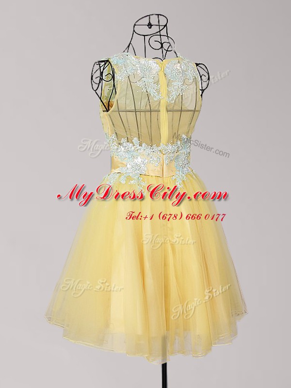 Yellow Prom Evening Gown Prom and Party and For with Appliques and Bowknot Scoop Sleeveless Zipper