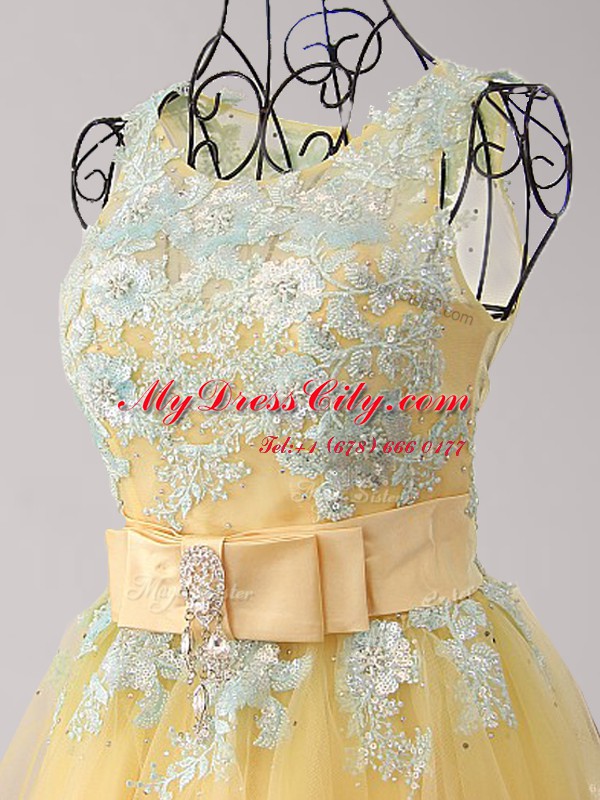 Yellow Prom Evening Gown Prom and Party and For with Appliques and Bowknot Scoop Sleeveless Zipper