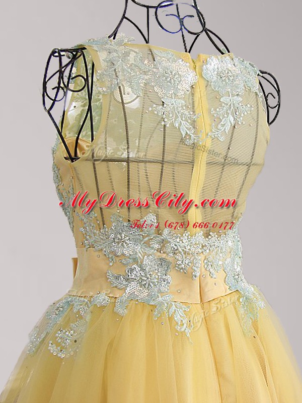 Yellow Prom Evening Gown Prom and Party and For with Appliques and Bowknot Scoop Sleeveless Zipper