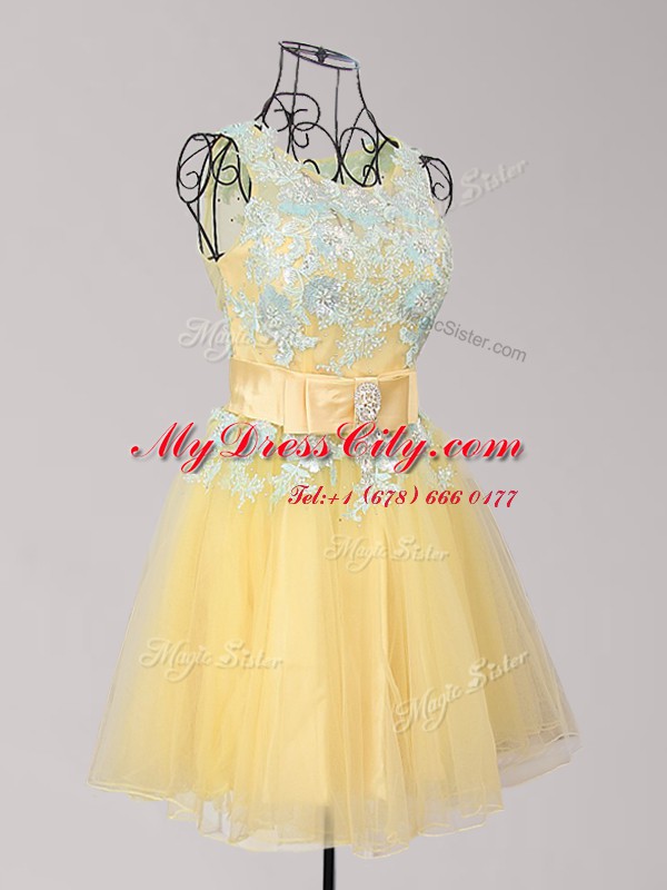 Yellow Prom Evening Gown Prom and Party and For with Appliques and Bowknot Scoop Sleeveless Zipper