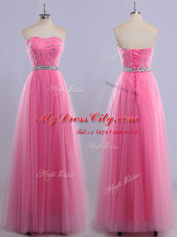 Beautiful Beading Prom Evening Gown Rose Pink Lace Up Sleeveless Floor Length