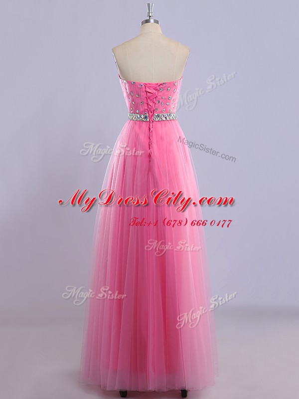 Beautiful Beading Prom Evening Gown Rose Pink Lace Up Sleeveless Floor Length