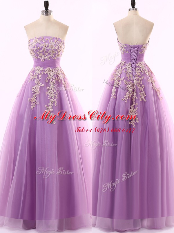 Hot Sale Lilac Tulle Zipper Sweetheart Sleeveless Floor Length Prom Dresses Appliques