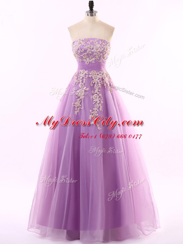 Hot Sale Lilac Tulle Zipper Sweetheart Sleeveless Floor Length Prom Dresses Appliques