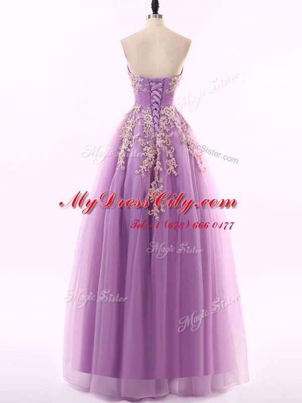 Hot Sale Lilac Tulle Zipper Sweetheart Sleeveless Floor Length Prom Dresses Appliques