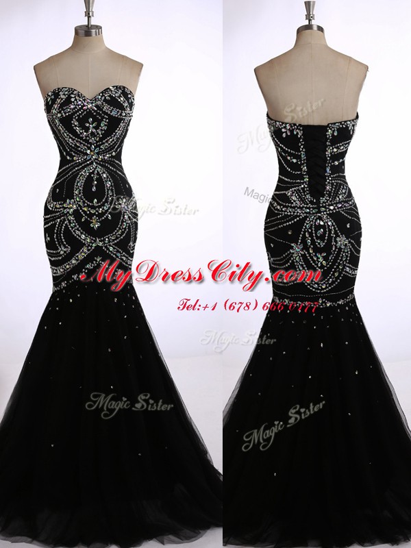 Mermaid Black Zipper Sweetheart Beading Prom Evening Gown Tulle Sleeveless Brush Train