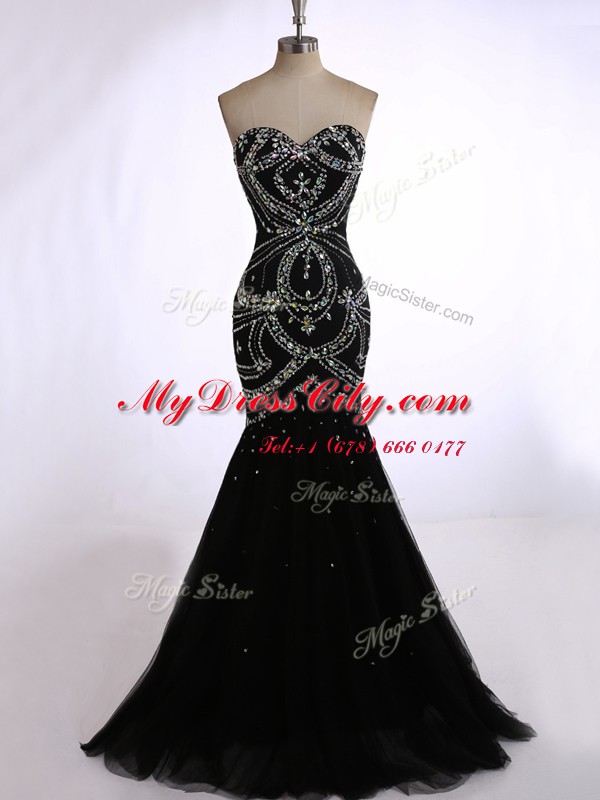 Mermaid Black Zipper Sweetheart Beading Prom Evening Gown Tulle Sleeveless Brush Train